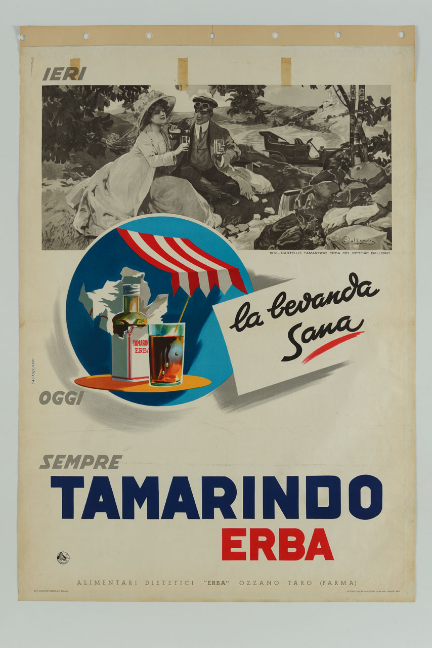 uomo e donna seduti su un prato bevono un tamarindo (manifesto) di Ballerio Osvaldo, Castiglioni Romolo (sec. XX)