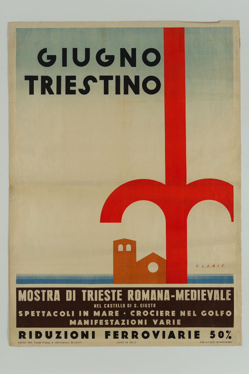 veduta della Cattedra di San Giusto a Trieste con alabarda in primo piano (manifesto) di Claris Marcello (sec. XX)