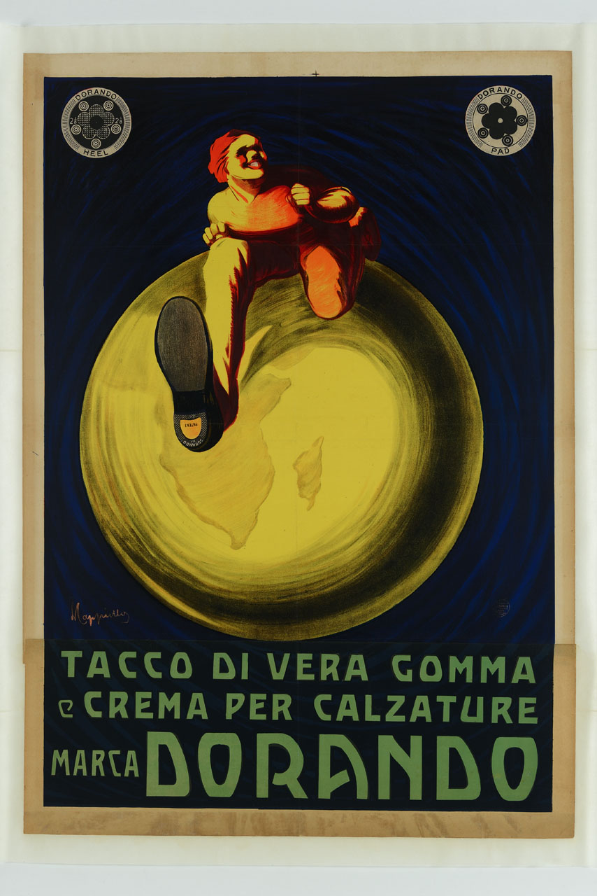 uomo seduto sul globo terrestre (manifesto, stampa composita) di Cappiello Leonetto (sec. XX)