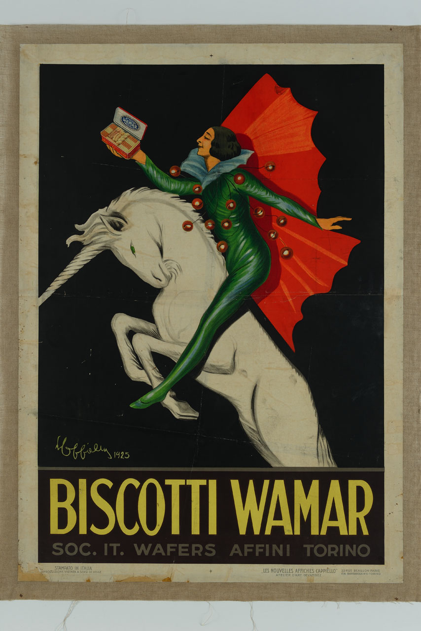 donna con una tuta verde e un mantello rosso cavalca un unicorno (manifesto) di Cappiello Leonetto (sec. XX)