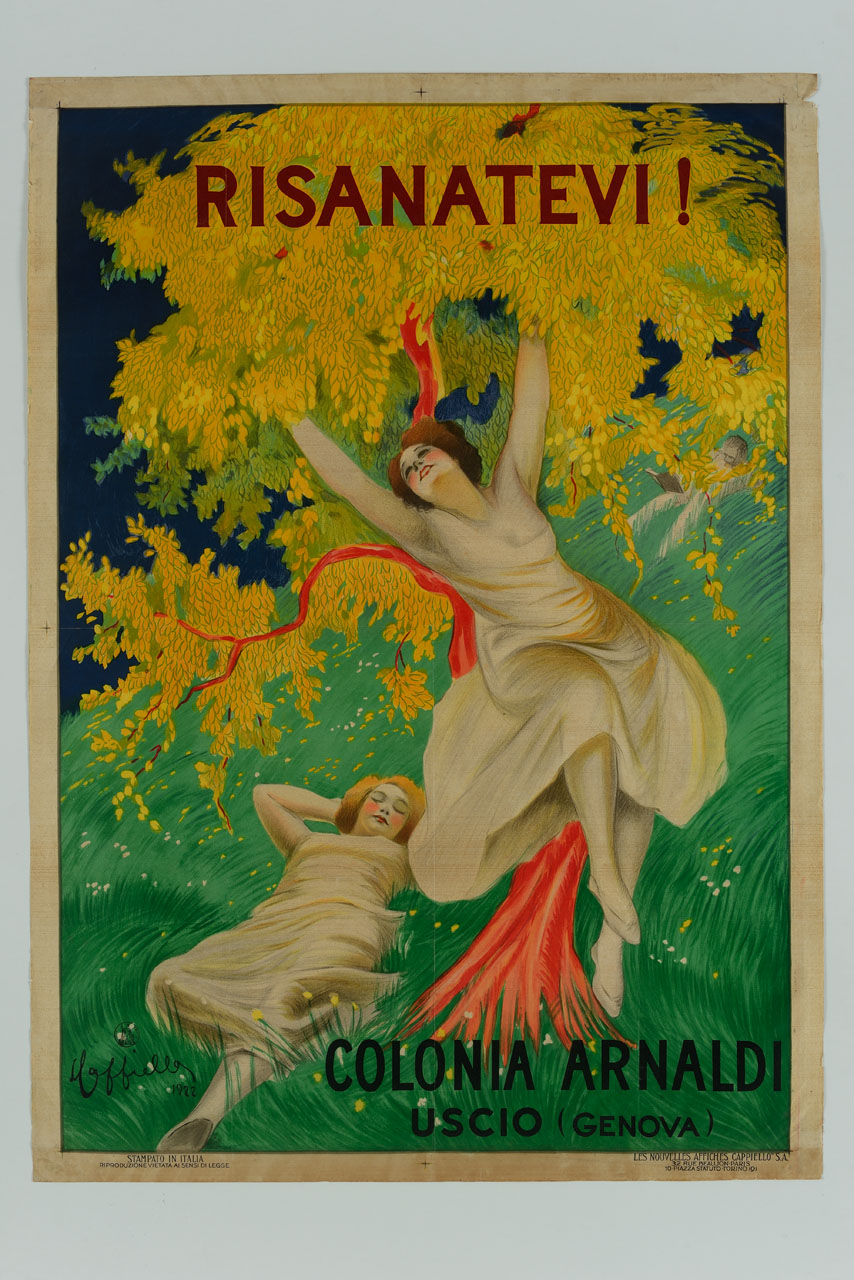 due donne in un prato accanto ad un albero di corbezzolo (manifesto) di Cappiello Leonetto (sec. XX)