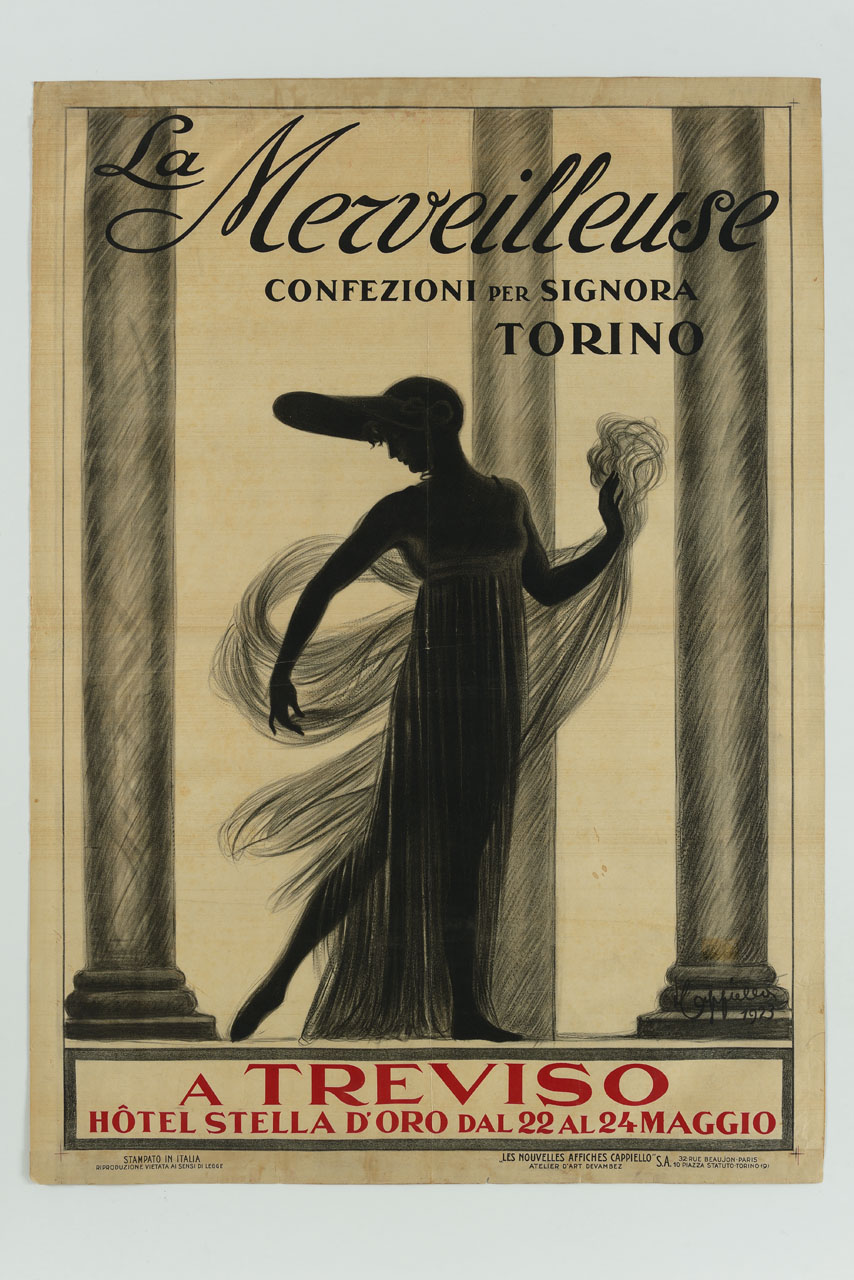 donna con peplo tra colonne (manifesto) di Cappiello Leonetto (sec. XX)
