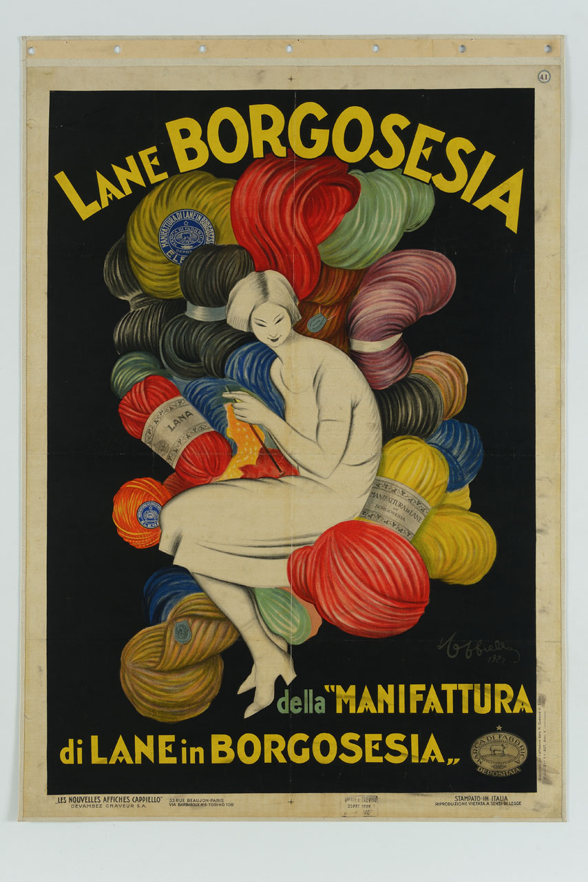 donna seduta circondata da gomitoli di lana colorati (manifesto) di Cappiello Leonetto (sec. XX)