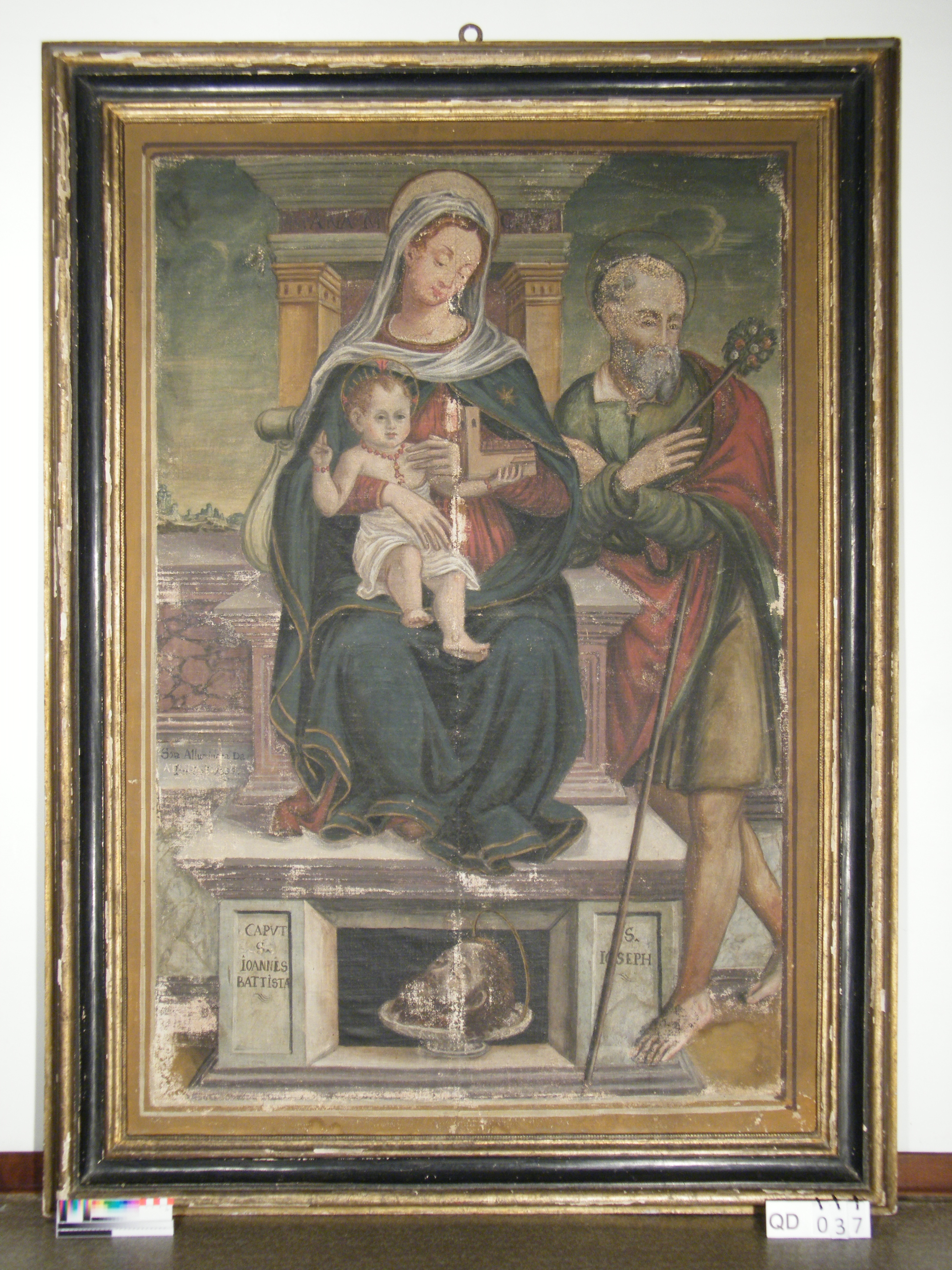 Madonna con Bambino in trono con San Giuseppe e la testa di San Giovanni Battista sul piatto (dipinto) - ambito marchigiano (sec. XVI)