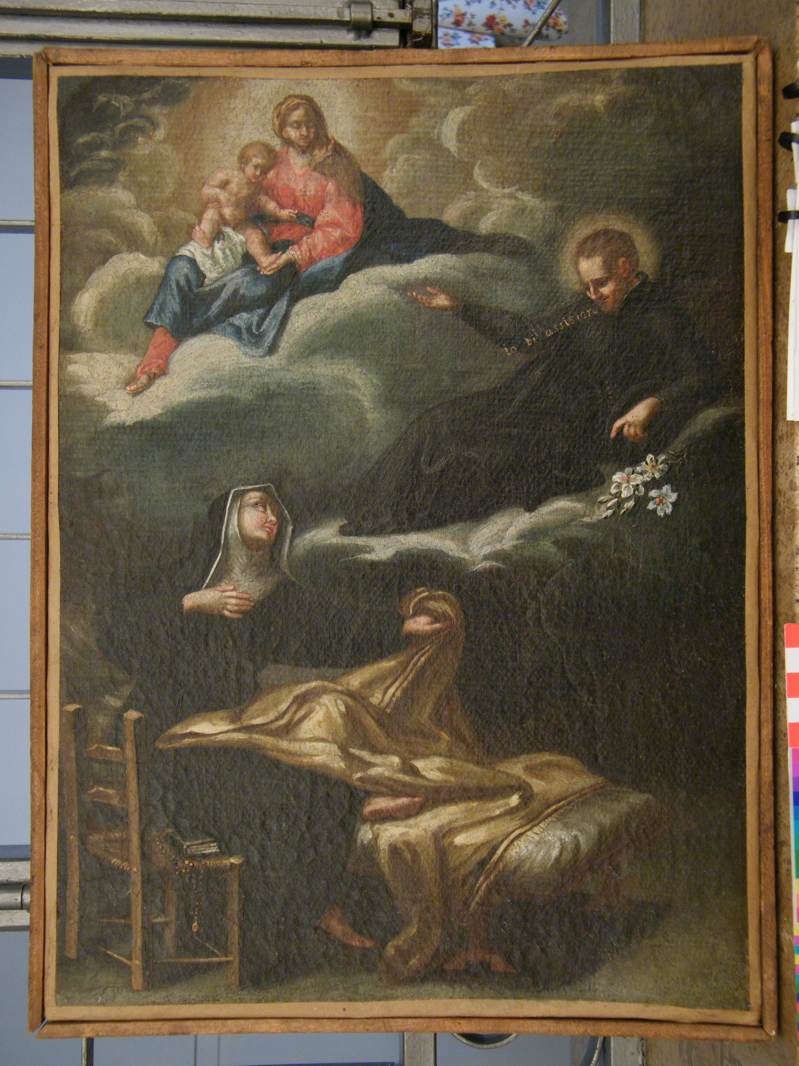una suora ha la visione della Madonna con Bambino in Gloria e di un Santo gesuita (dipinto, pendant) - ambito marchigiano (metà sec. XVIII)