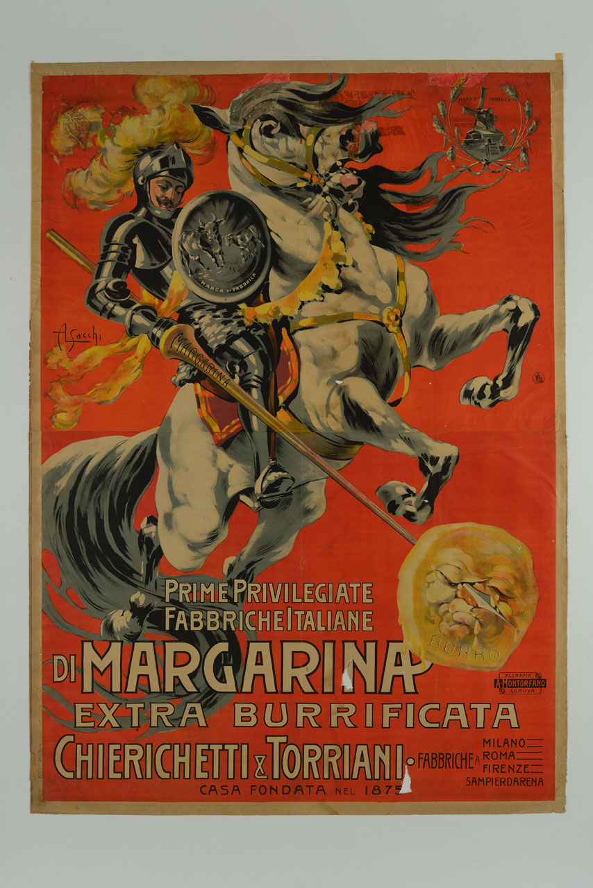 cavaliere in sella a un destriero che con la lancia nomata "margarina" infilza una forma di burro (manifesto) di Sacchi Agostino Luigi (sec. XX)