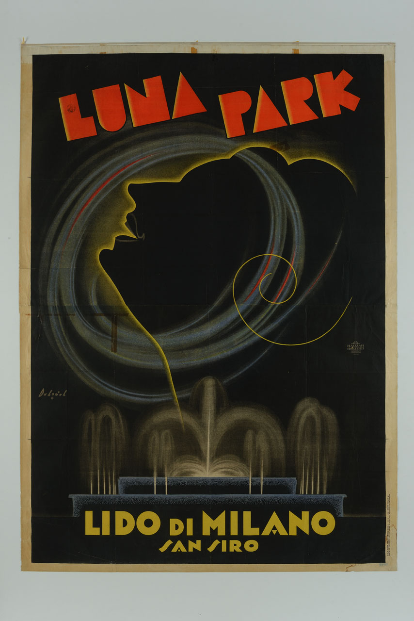 Luna Park Lido di Milano, profilo femminile con effetto di luce al neon e fontana illuminata (manifesto) di Dabovich Giorgio (sec. XX)
