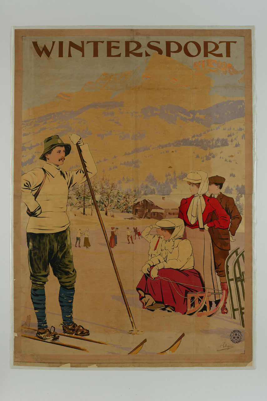 paesaggio innevato con sciatori, figure femminili e maschili intenti in sport invernali (manifesto) di Pellegrini Carlo (sec. XX)