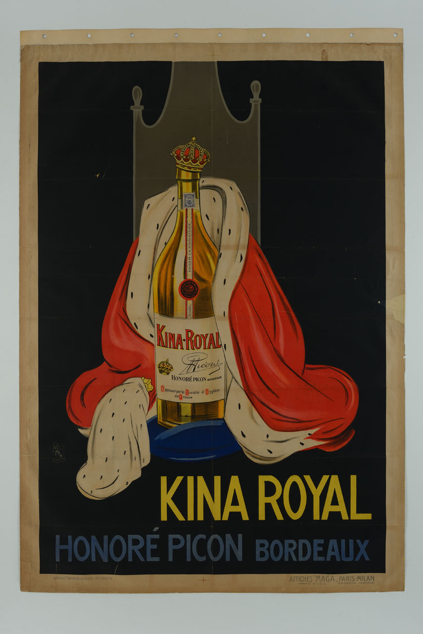 re inginocchiato davanti grande bottiglia con mantello e corona (manifesto) di MAGA (sec. XX)