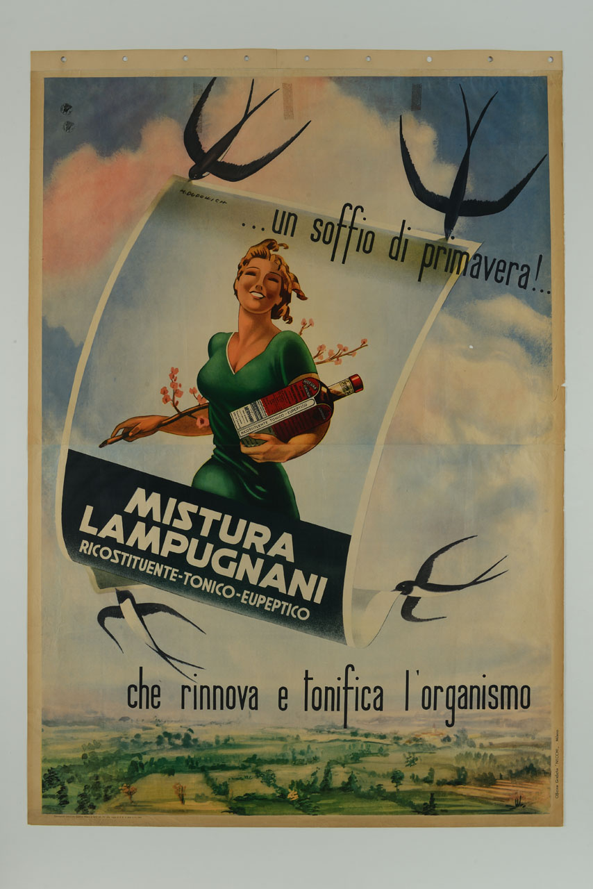 veduta su paesaggio campano e rondini che sorreggono un manifesto pubblicitario di un ricostituente (manifesto) di Dudovich Marcello (sec. XX)