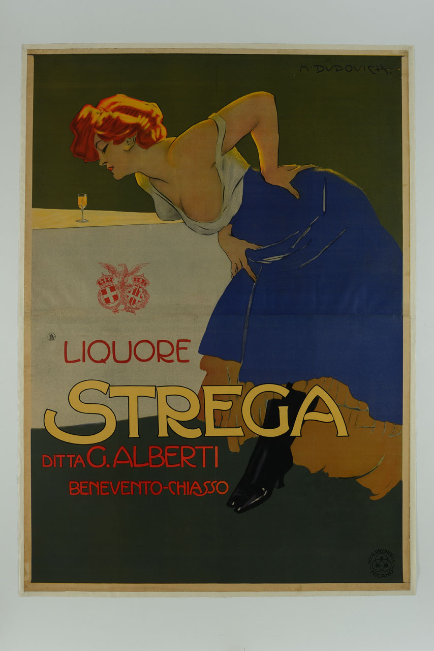 figura femminile in abiti discinti si avvicina ad un bicchierie di liquore (manifesto) di Dudovich Marcello (sec. XX)