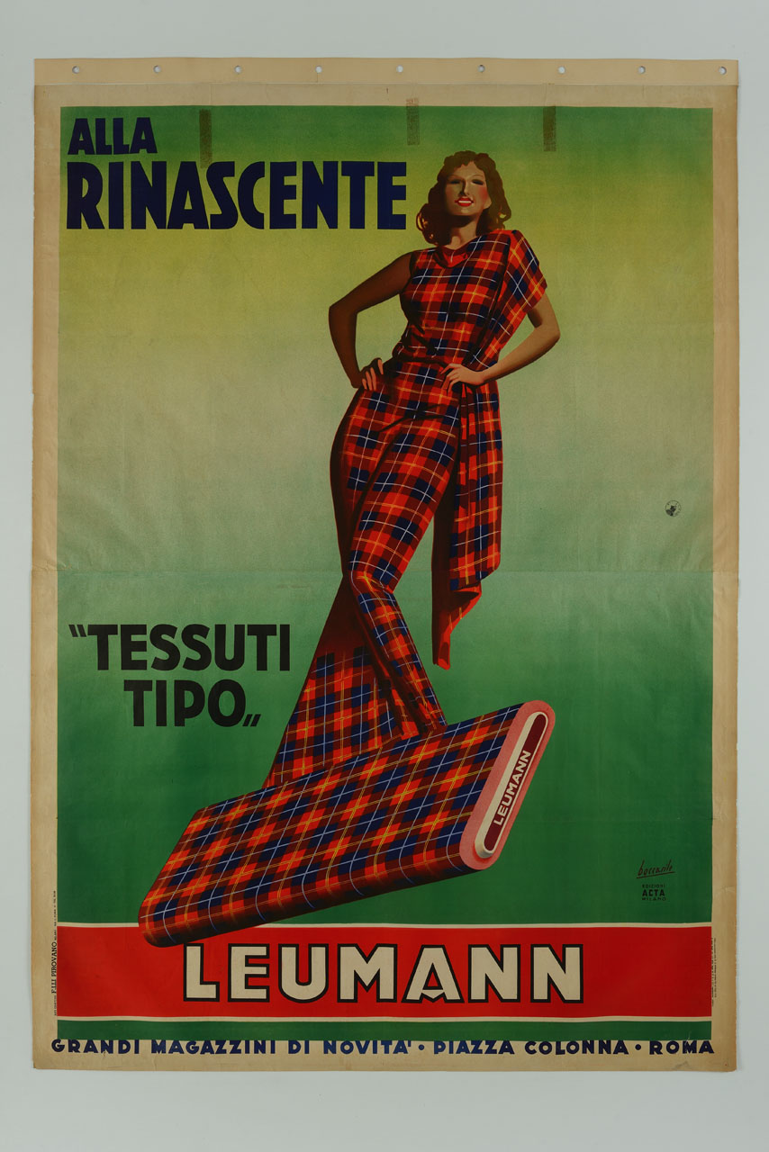 donna sorridente con abito in tartan e rotolo di stoffa (manifesto) di Boccasile Gino (sec. XX)