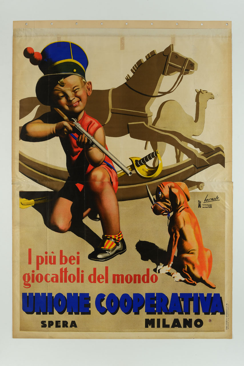 bambino con fucile giocattolo punta verso cane con corno sul naso; animali a dondolo sullo sfondo (manifesto) di Boccasile Gino (sec. XX)