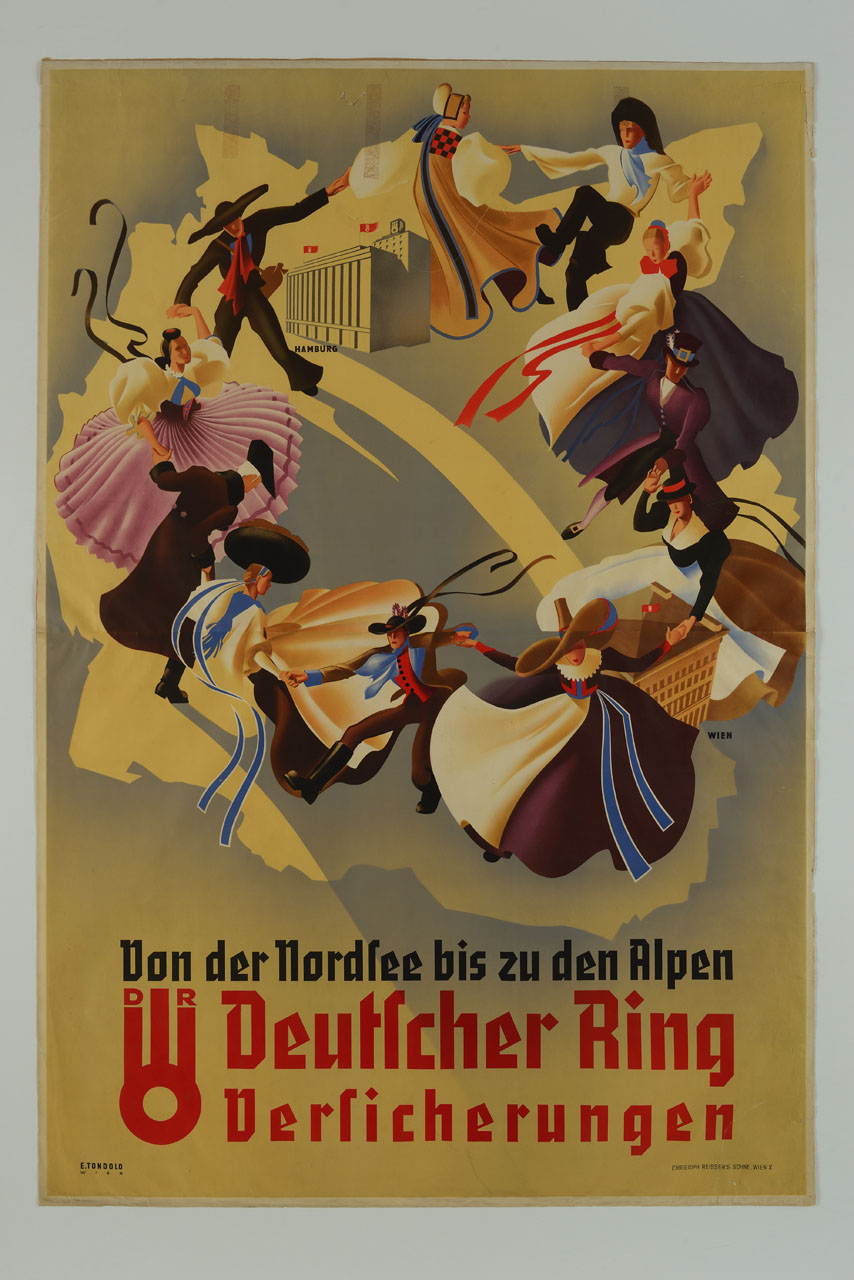 girotondo con personaggi in abiti tradizionali e due palazzi a Vienna e Amburgo (manifesto) di Tondolo E - ambito austriaco (sec. XX)
