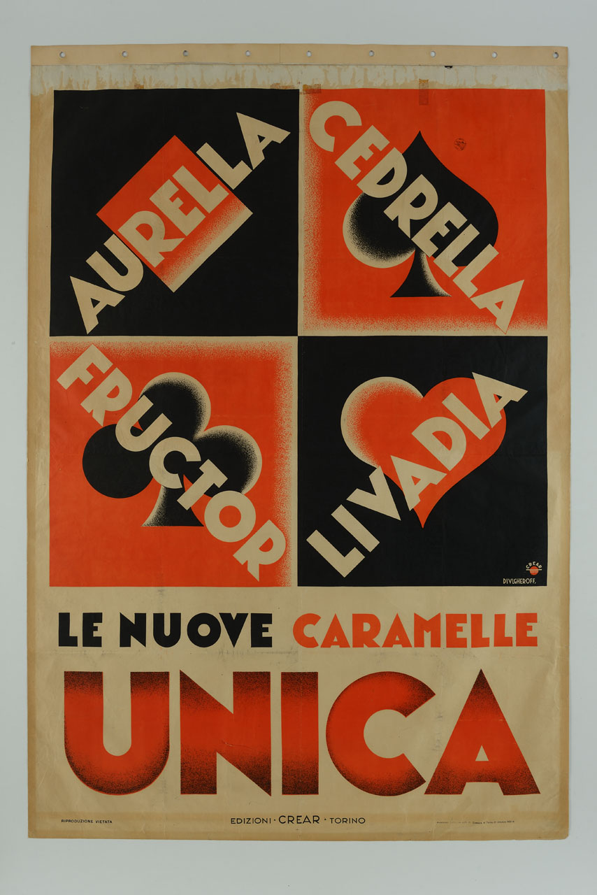 carta da gioco con quadranti rossi e neri e i quattro semi francesi (manifesto) di Diulgheroff Nikolay (sec. XX)