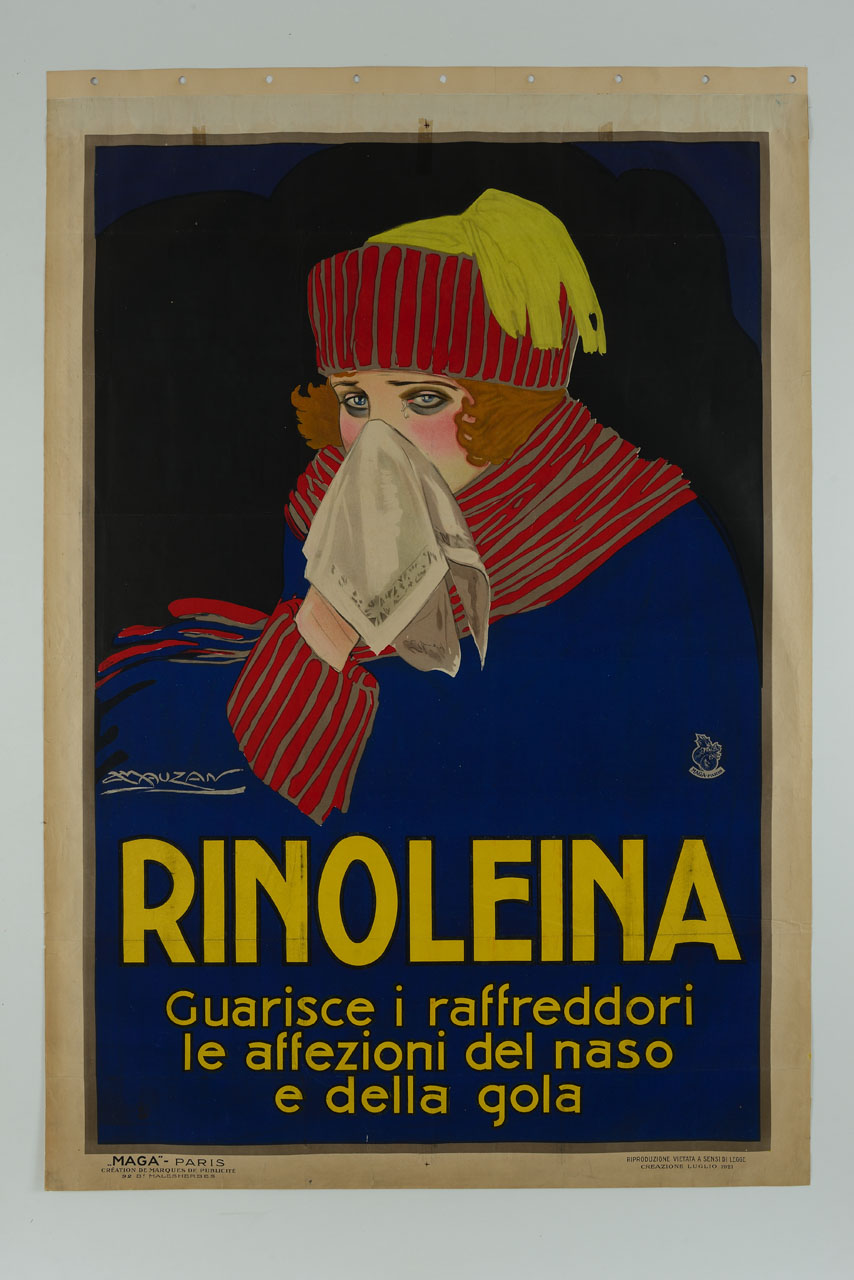 donna raffreddata avvolta da manto blu con sciarpa, cappello e fazzoletto (manifesto) di Mauzan Achille Luciano, MAGA (sec. XX)