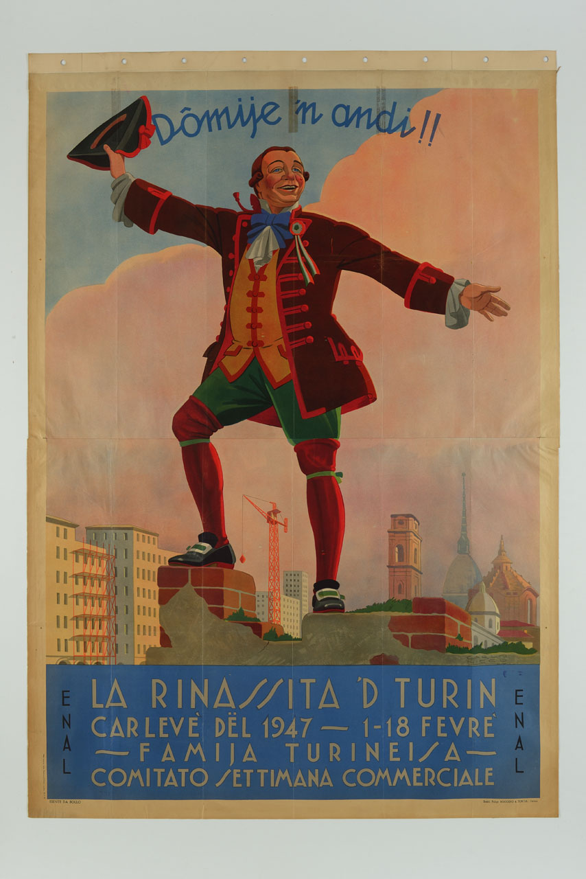 Gianduja sui tetti tra edificio in costruzione ed edifici storici di Torino (manifesto) di Nicco Carlo Emilio (sec. XX)