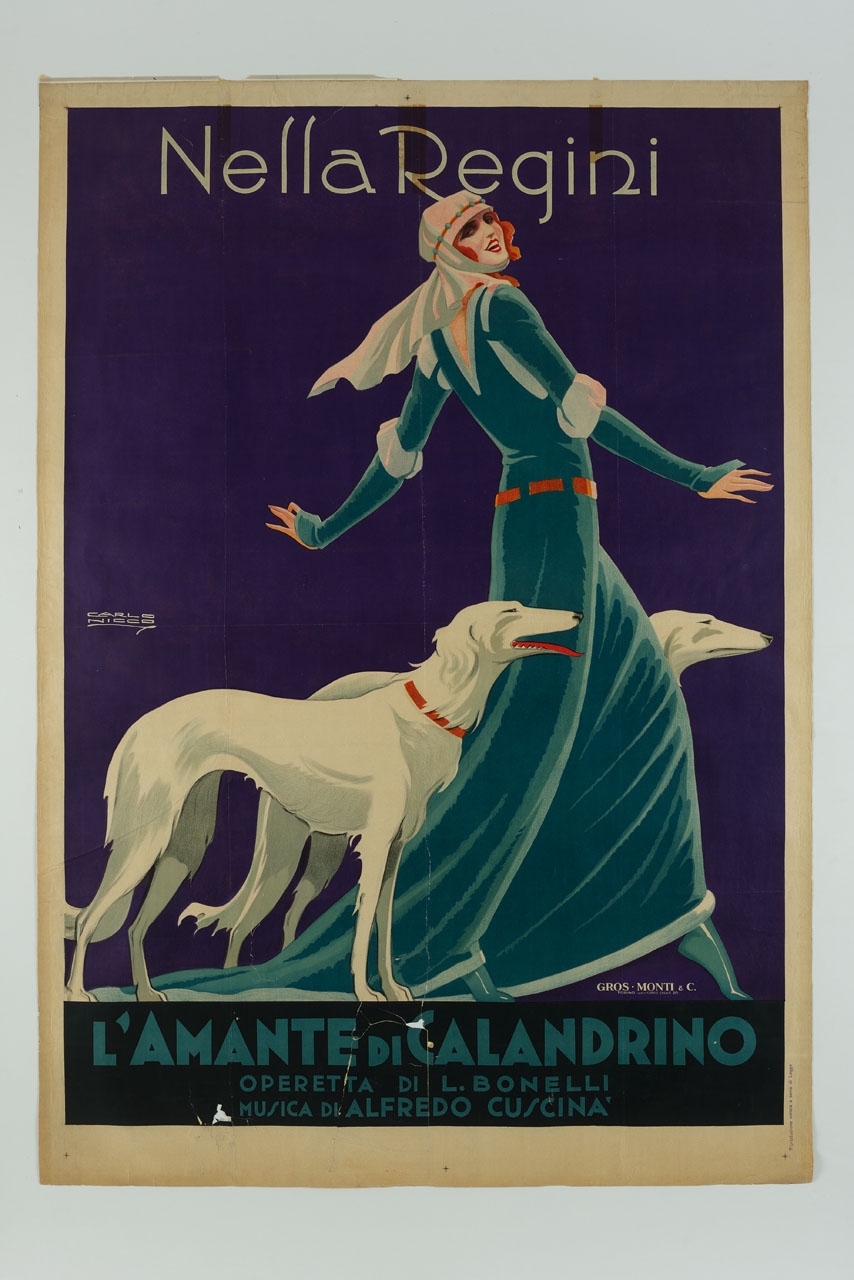 donna con lunga veste accompagnata da due levrieri (manifesto) di Nicco Carlo Emilio (sec. XX)