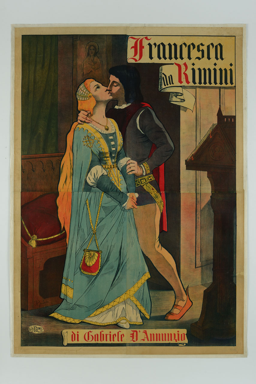 coppia che si bacia in un interno goticheggiante (manifesto) di Giribone C (sec. XIX)