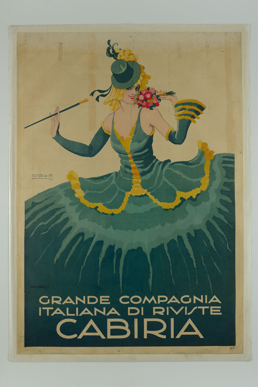 ballerina con vestito lungo con cappello a tuba, sigaretta con bocchino e mazzo di fiori (manifesto) di Nicco Carlo Emilio (sec. XX)