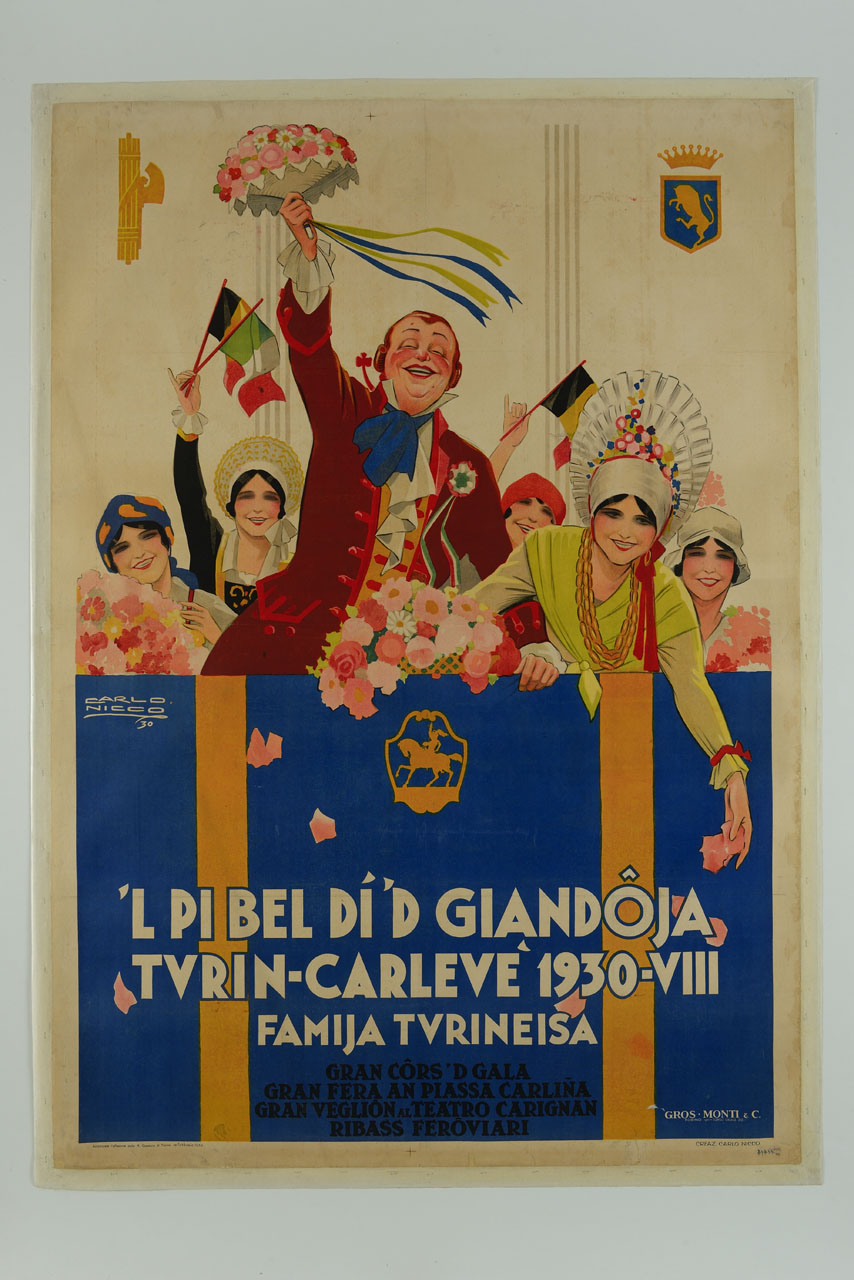 Gianduja con un gruppo di donne sventola un mazzo di fiori (manifesto) di Nicco Carlo Emilio (sec. XX)