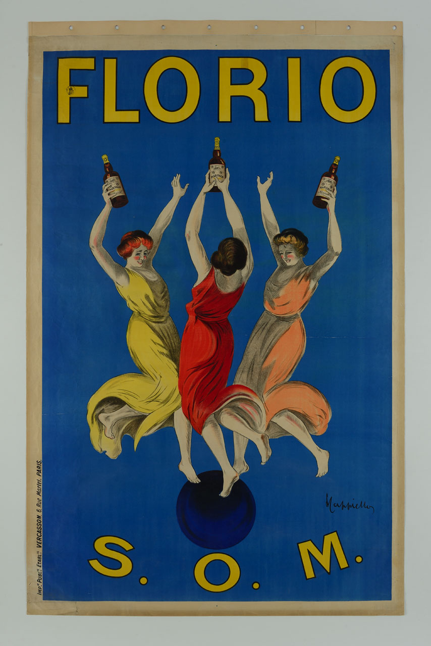 figure femminili danzano tenendo un piede su una palla e alzando bottiglie (manifesto) di Cappiello Leonetto (sec. XX)