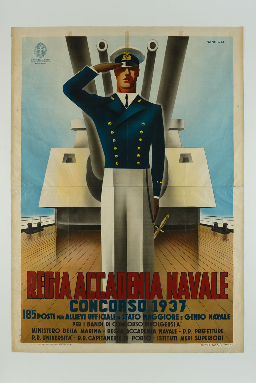 ufficiale di Marina fa il saluto militare sul ponte di una nave (manifesto) di Mancioli Corrado (sec. XX)