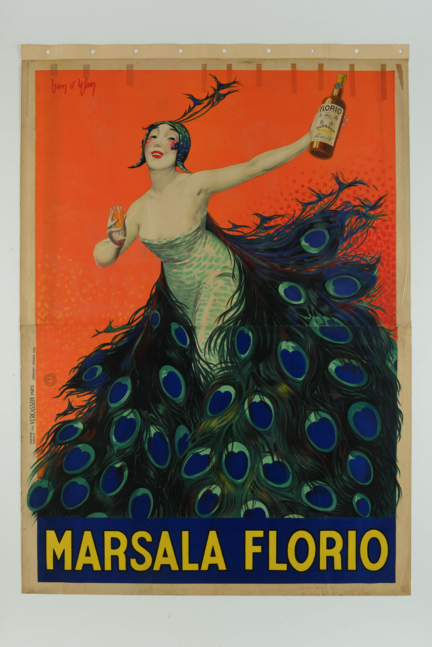donna con abito e acconciatura di piume di pavone tiene in mano un bicchiere e una bottiglia (manifesto) di D'Ylen Jean (sec. XX)