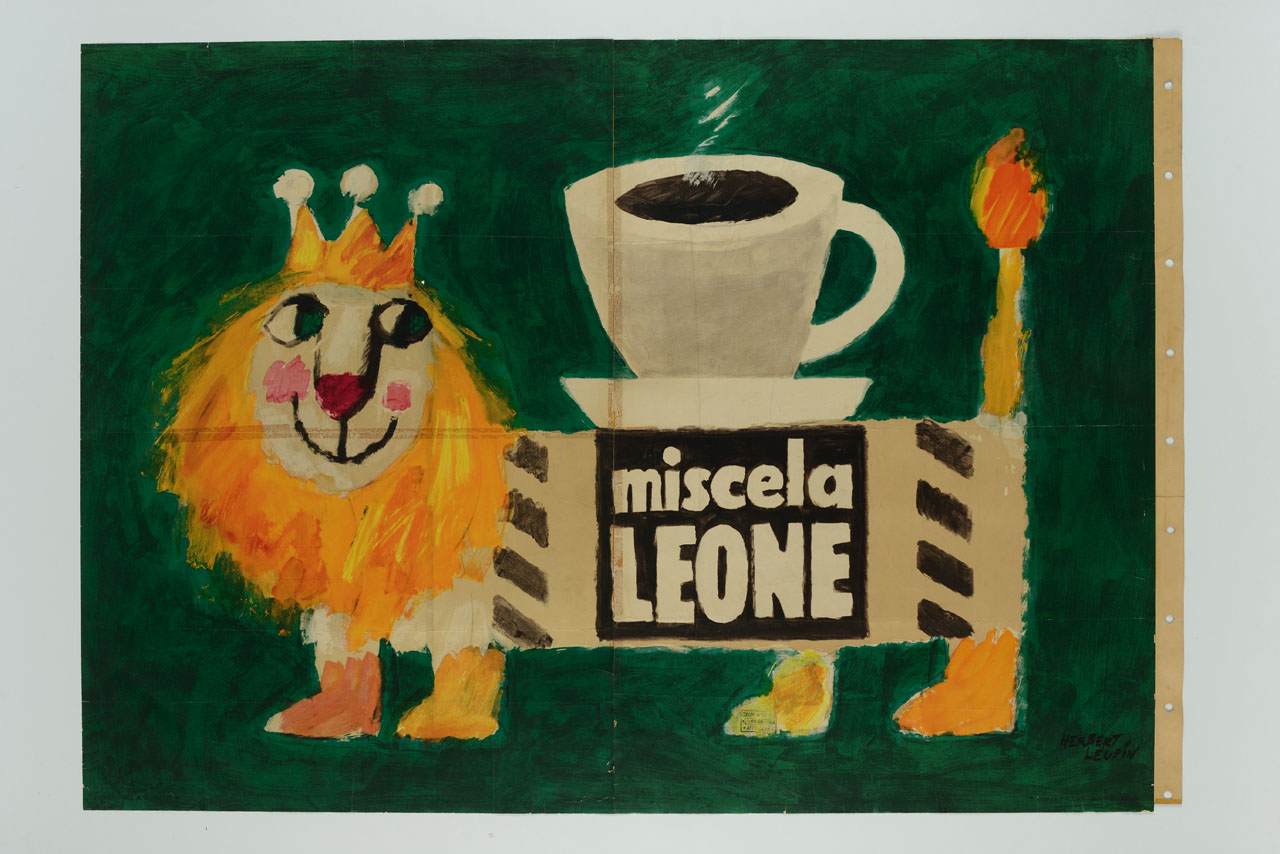 leone con la corona tiene sulla schiena una tazzina piena di caffè (manifesto) di Leupin Herbert (sec. XX)