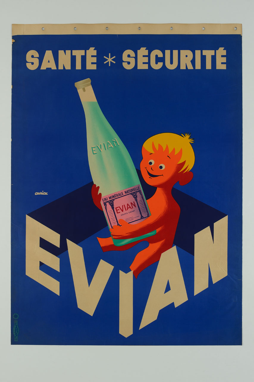 la parola evian forma un cubo basso, all'interno del quale un bambino stilizzato arancione dai capelli biondi sorride tenendo in mano una bottiglia d'acqua Evian (manifesto) di Auriac Jacques (sec. XX)