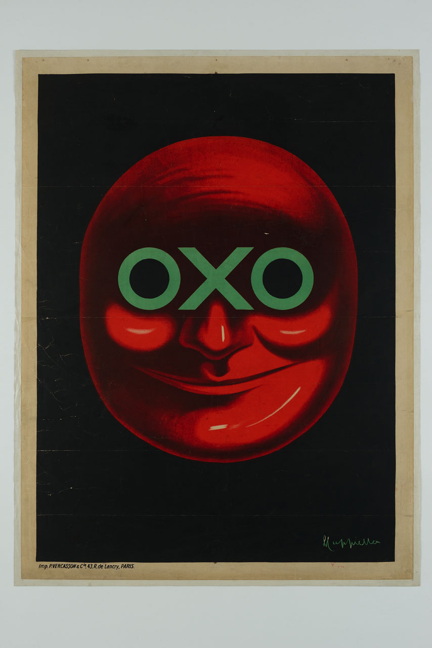 mascherone rosso tondo, dai lineamenti infernali, con gli occhi formati dalla scritta verde Oxo (manifesto) di Cappiello Leonetto (sec. XX)