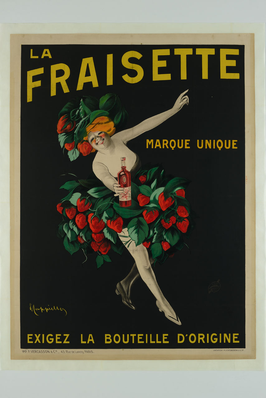 donna vestita con abito e cappello formati da fragole e foglie allunga un braccio per mostrare una bottiglia di liquore La Fraisette (manifesto) di Cappiello Leonetto (sec. XX)