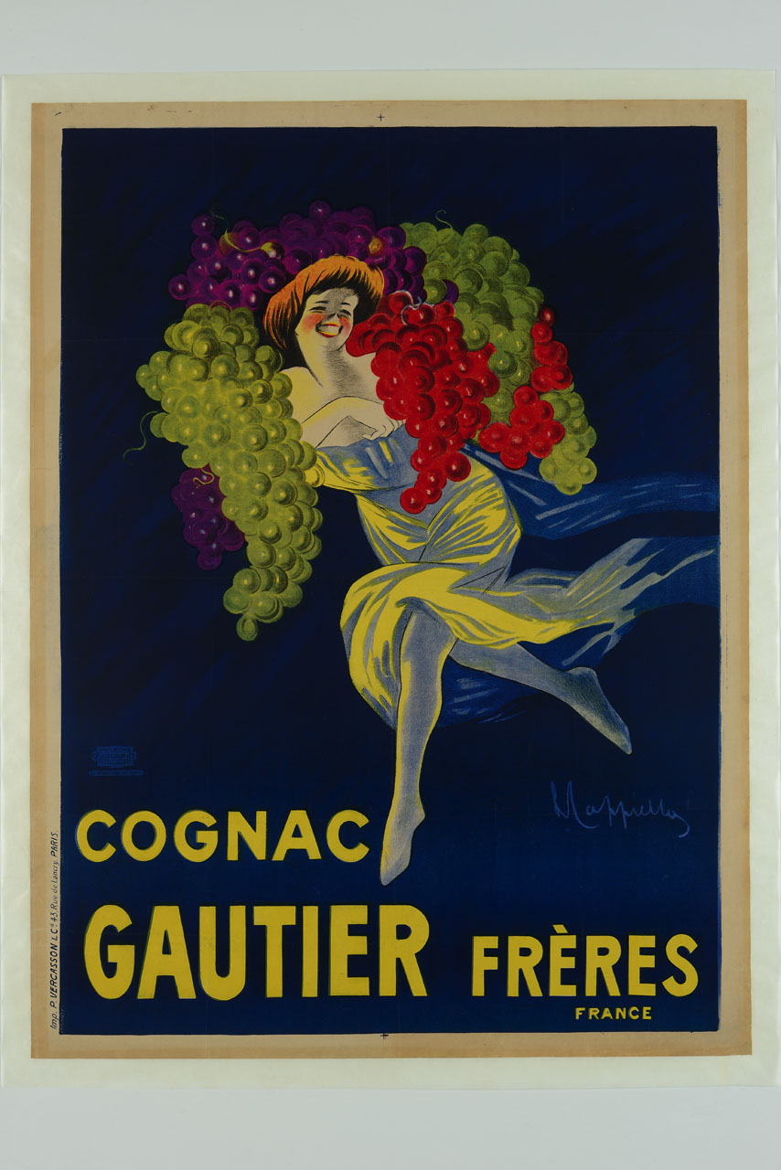 donna con abito bianco svolazzante porta alcuni grappoli d'uva bianca e purpurea sulle spalle, facendo un saltello (manifesto) di Cappiello Leonetto (sec. XX)