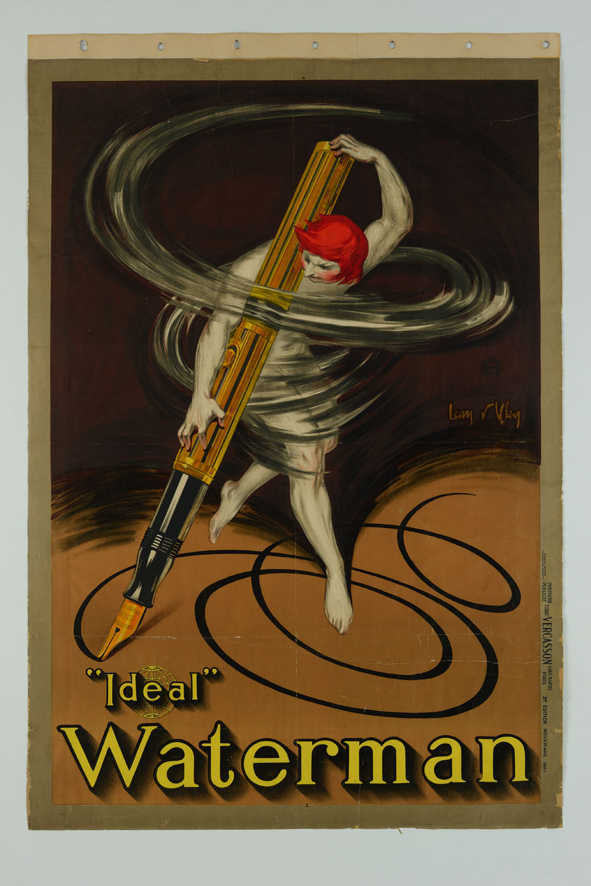 una figura maschile bianca nuda, con i capelli rossi, gira velocemente su sè stessa creando un vortice, per scrivere con la penna stilografica attorno alla quale si regge (manifesto) di D'Ylen Jean (sec. XX)