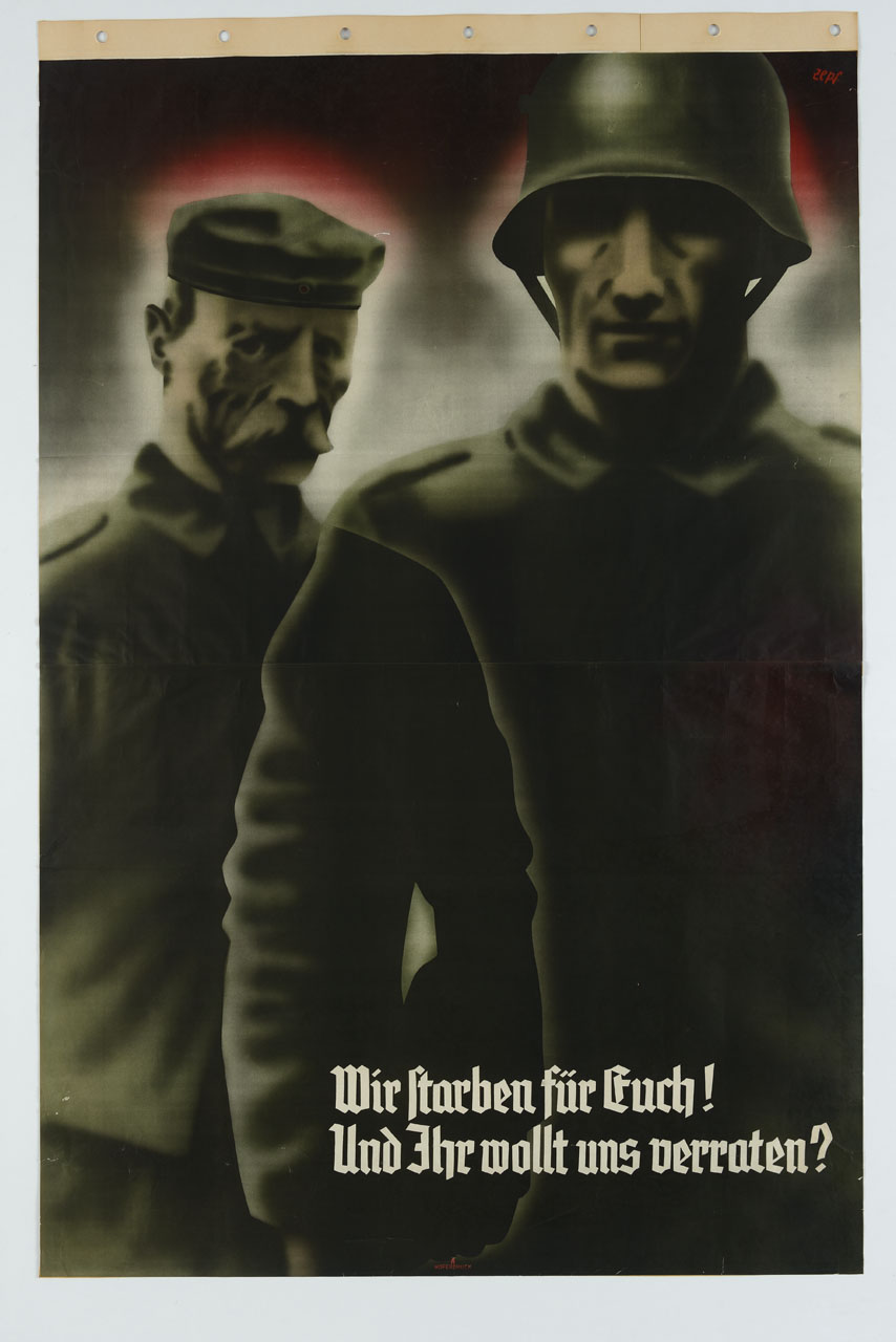 due soldati tedeschi dall'aspetto evanescente, avvolti dall'ombra, emergono da una luce bianca sul fondo; un alone rosso contorna le loro teste (manifesto) di Zepf Toni - ambito tedesco (sec. XX)