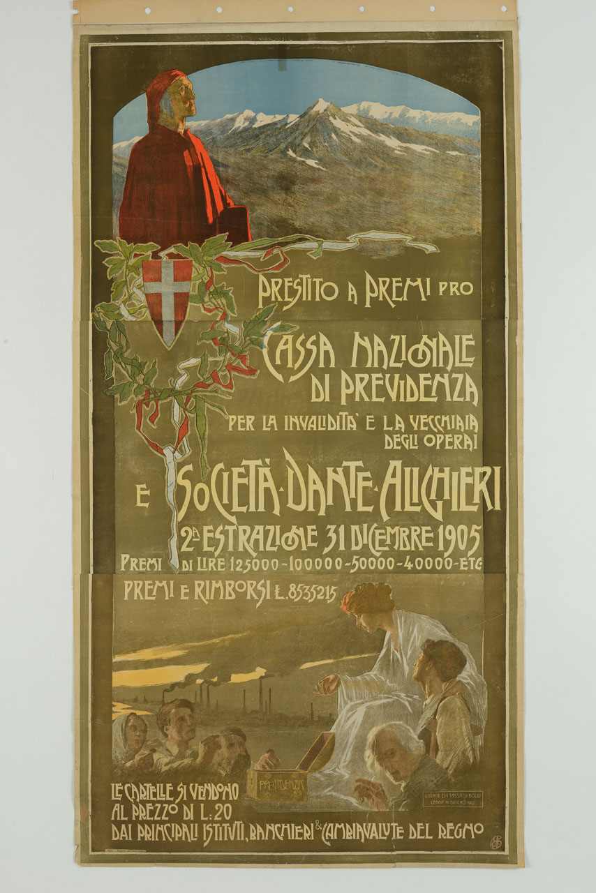 Dante sullo sfondo di montagne e donna presso dei bisognosi (manifesto, stampa composita) di Grassi Vittorio (sec. XX)