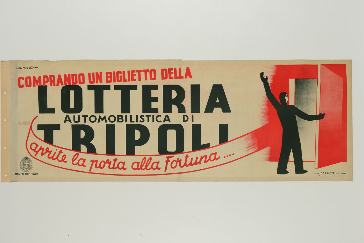 uomo di spalle che apre una porta (manifesto, stampa composita) di Lalia Alfredo (sec. XX)