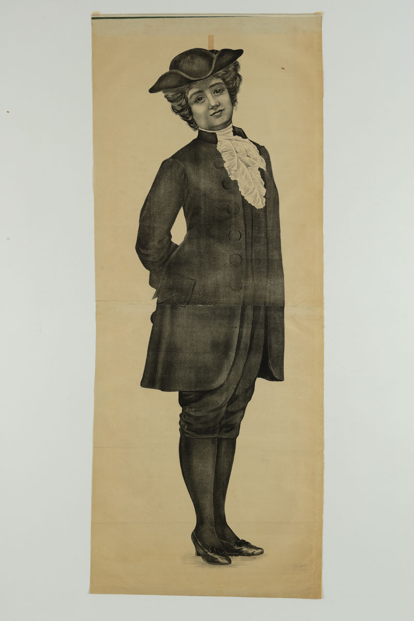 giovane donna in costume teatrale (manifesto, stampa composita) - ambito italiano (secc. XIX-XX)