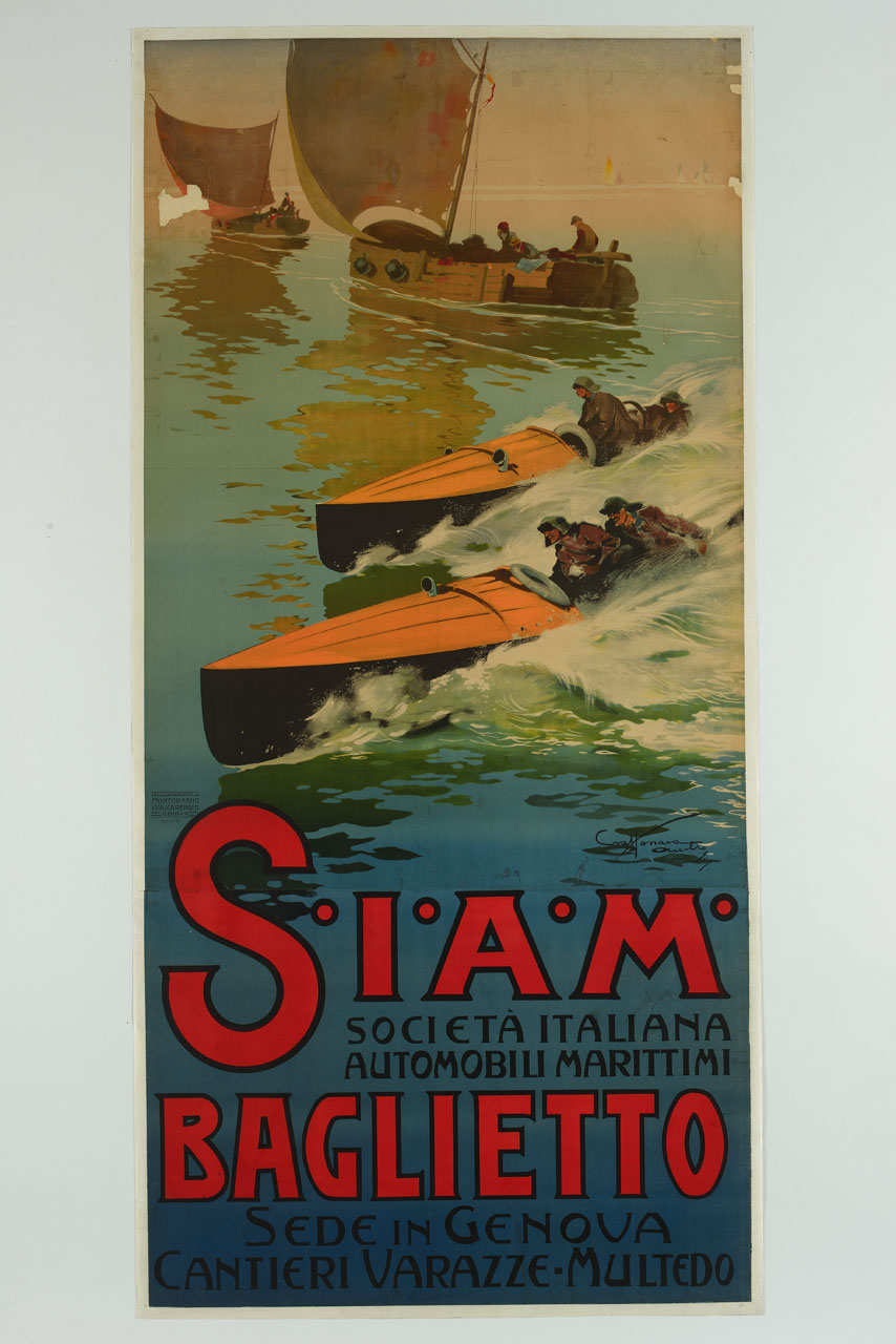 due motoscafi in mare e due barche a vela (manifesto, stampa composita) di Craffonara Aurelio (sec. XX)