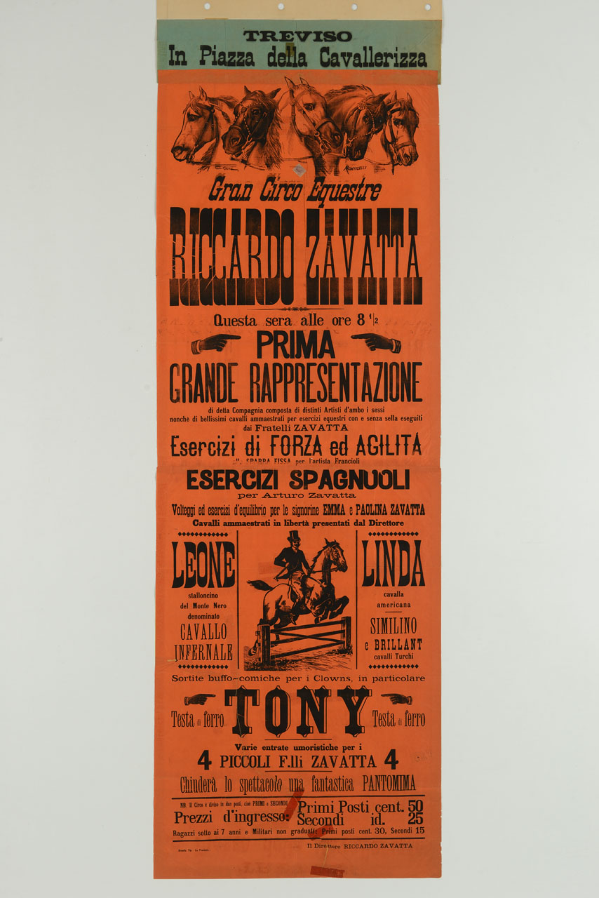 teste di cinque cavalli da circo (manifesto, stampa composita) di Cenni Quinto, Monticelli - ambito italiano (sec. XX)