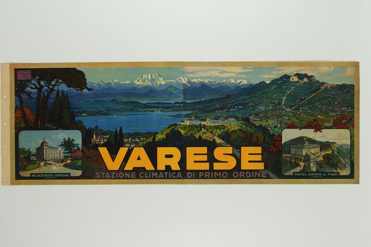veduta di Varese con il lago e due immagini di hotel (manifesto, stampa composita) - ambito italiano (sec. XX)