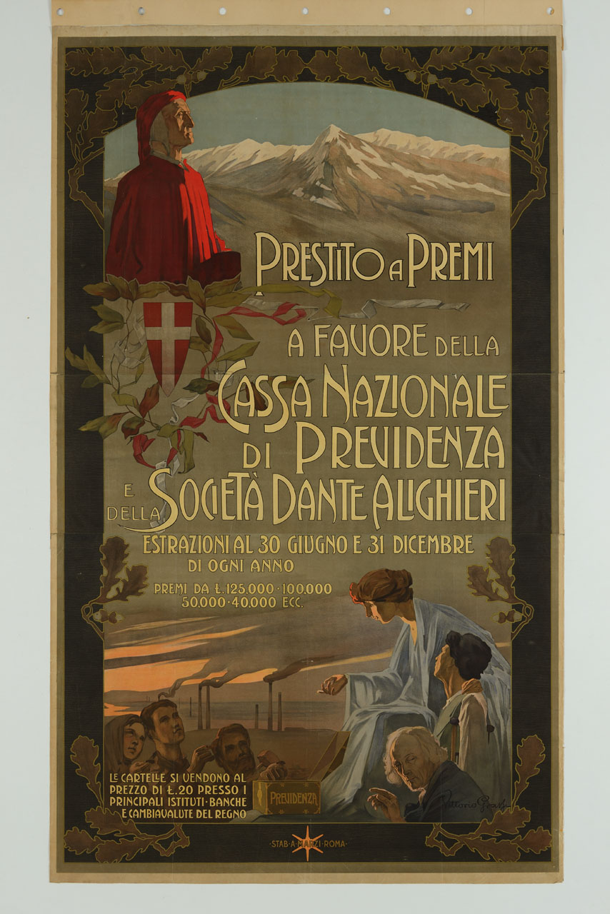 Dante sullo sfondo di montagne e donna presso dei bisognosi (manifesto, stampa composita) di Grassi Vittorio (sec. XX)