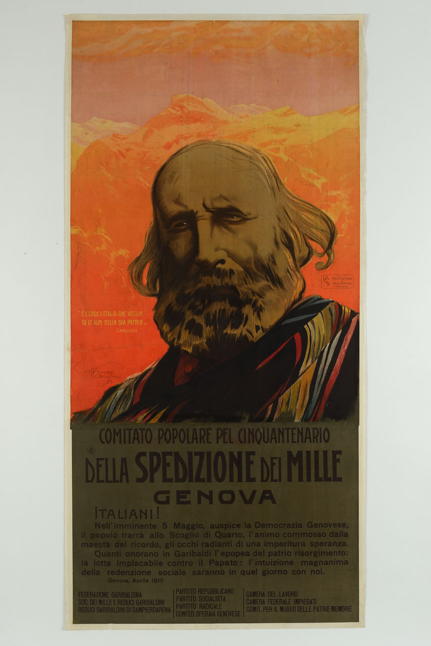 Giuseppe Garibaldi sullo sfondo di montagne (manifesto, stampa composita) di Craffonara Aurelio (sec. XX)