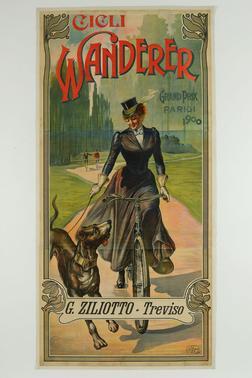 donna in bicicletta con cane lungo un sentiero alberato (manifesto, stampa composita) - ambito italiano (sec. XX)