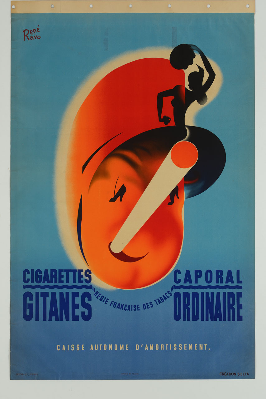 fumatore stilizzato con danzatrice gitana sulla sigaretta (manifesto) di Avo René - ambito francese (sec. XX)