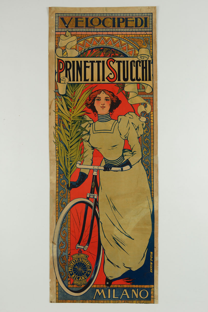 donna con bicicletta entro cornice decorativa (manifesto, stampa composita) - ambito italiano (secc. XIX-XX)