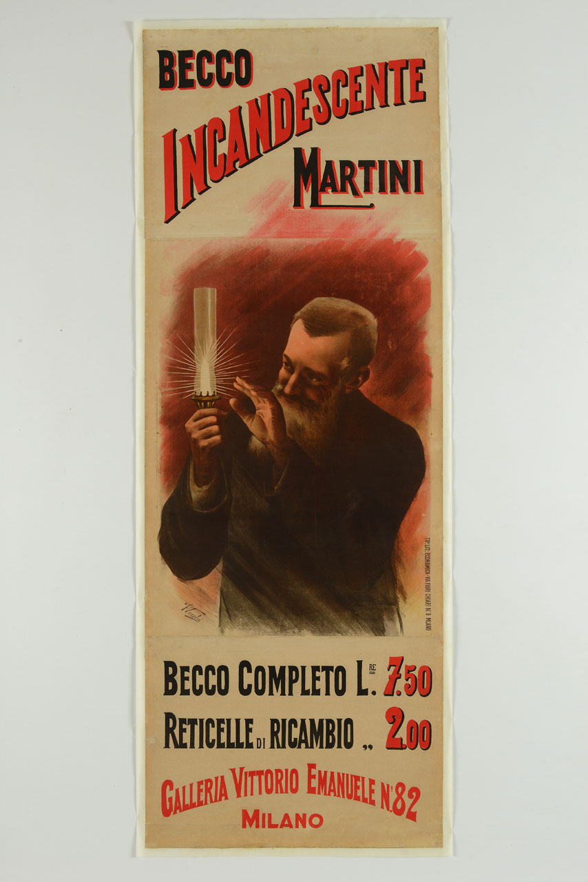 uomo con lampada accesa in mano (manifesto, stampa composita) di Vecchi F (secc. XIX-XX)