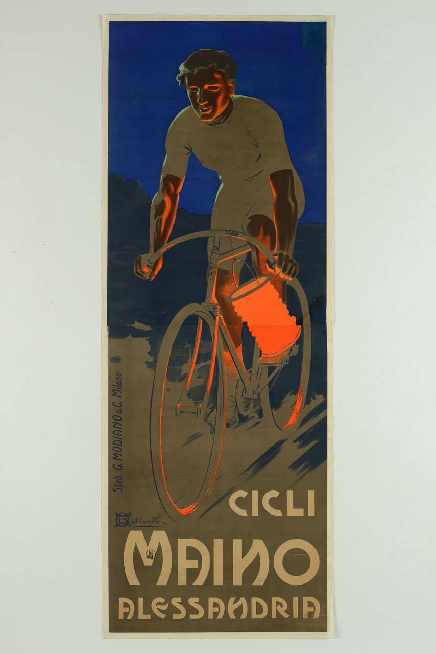 ciclista con lanterna di carta in un paesaggio notturno (manifesto, stampa composita) di Ballerio Osvaldo (secc. XIX-XX)