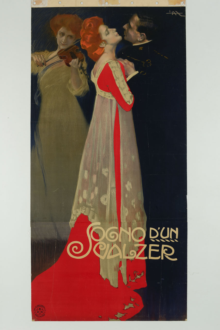donna e ufficiale con suonatrice di violino (manifesto, stampa composita) di Metlicovitz Leopoldo (sec. XX)