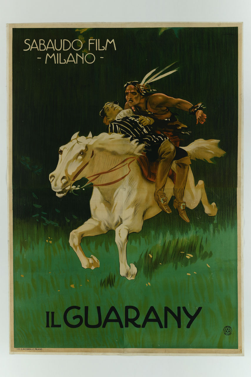 indiano d’America a cavallo trasporta un uomo (manifesto, stampa composita) di Metlicovitz Leopoldo (sec. XX)